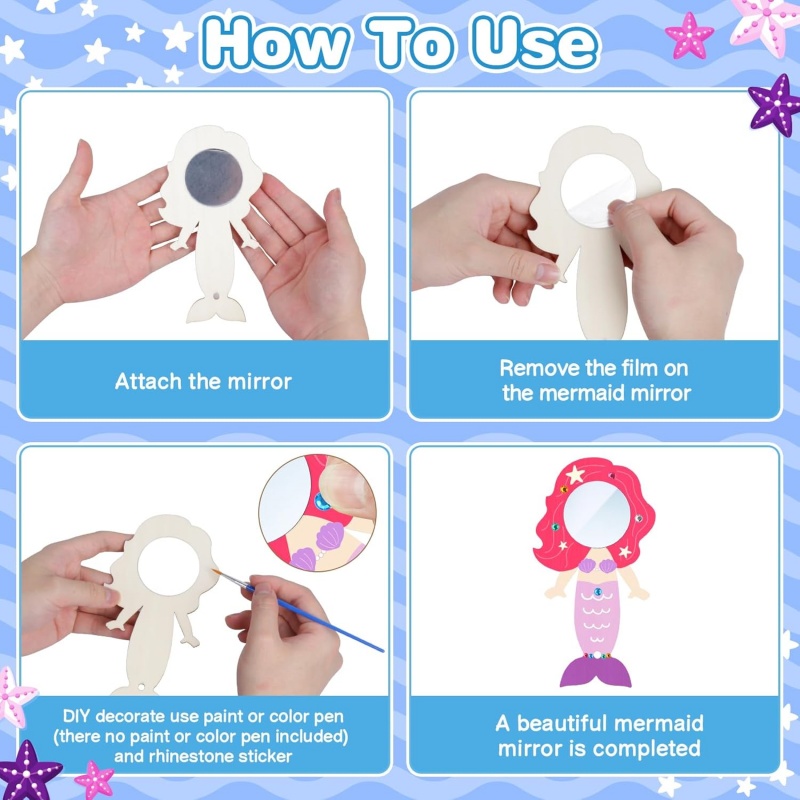 12PCS Mermaid Wooden Mirror Ha - огляд і ціна Home Improvement Kids
